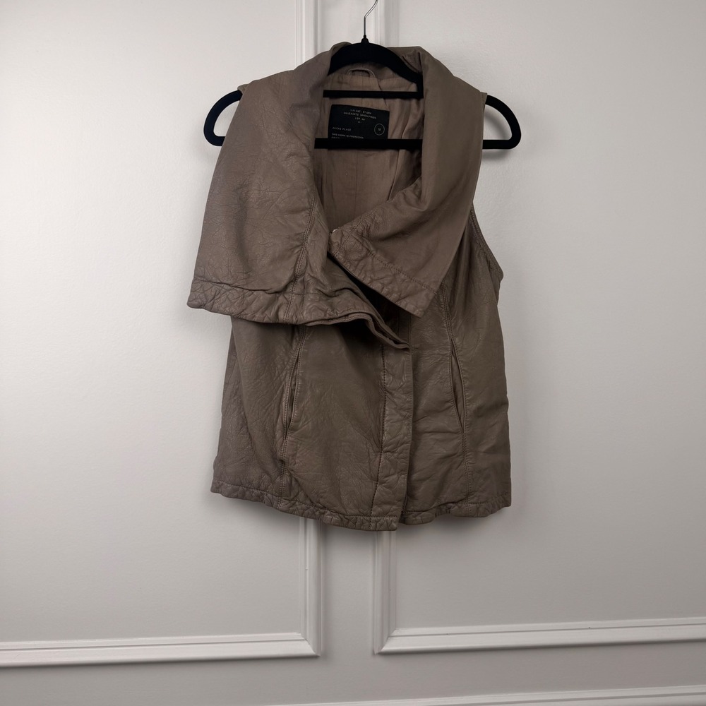 AllSaints Spitalfields Jacks Place Leather Vest Taupe Brown Draped Neck Size 10